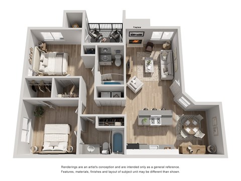 Floor plan for 2 beds, 2 baths, 940 sqft